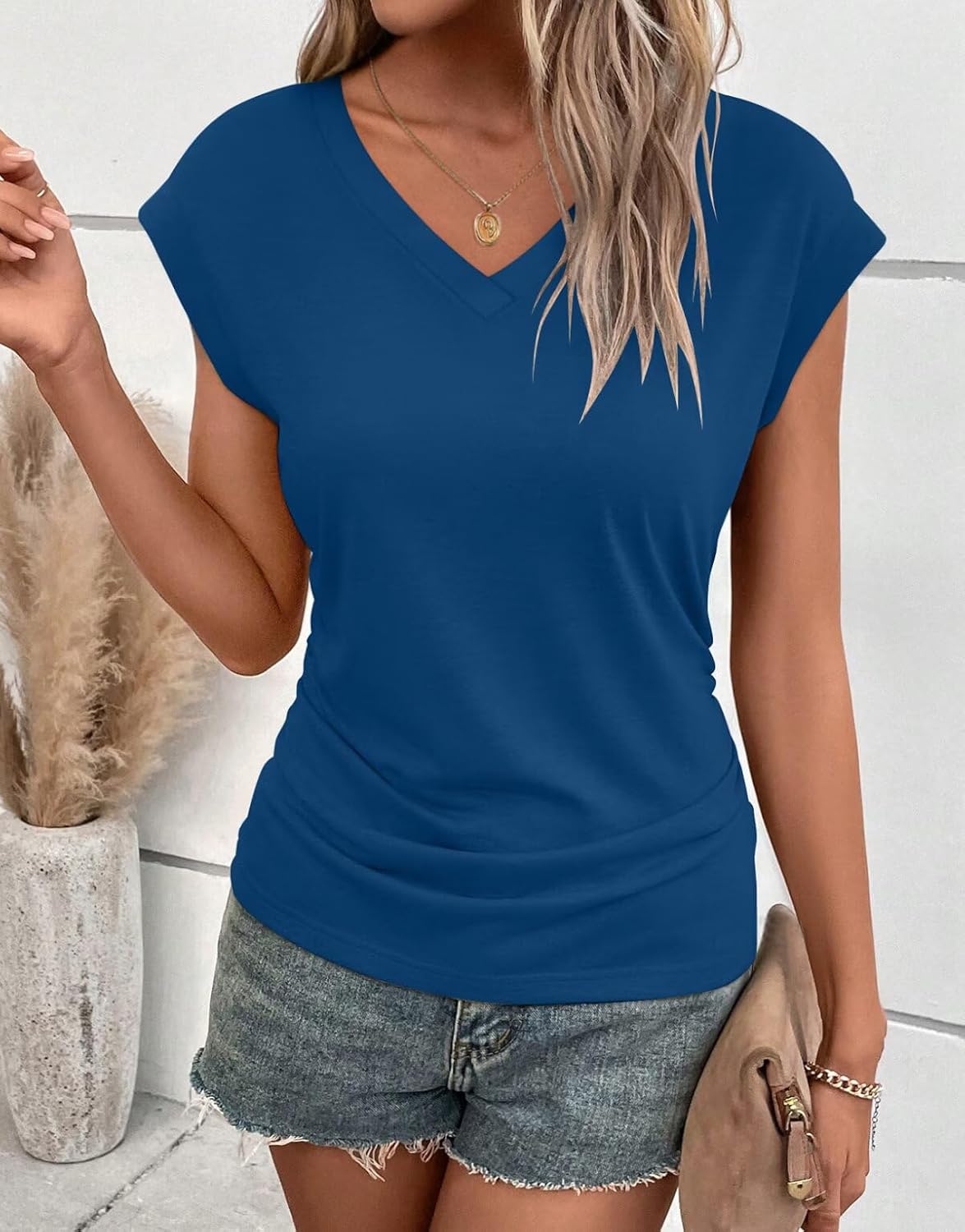 Bliwov Womens Summer Tops Business Casual Cap Sleeve V Neck T Shirts Trendy Outfits Beach Vacation Clothes Fashion Blouses - Image 4