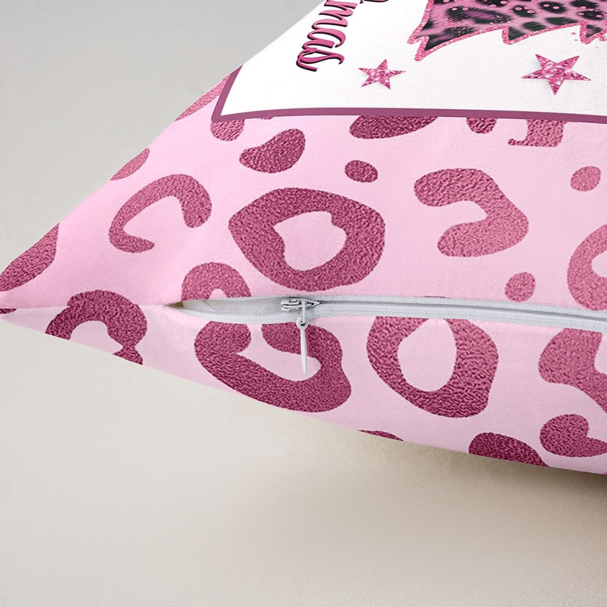 Pink Christmas Trees Throw Pillow Covers 24x24 Inch Set of 2 Leopard Print Glitter Stars Pillow Cases for Kids Teens Adults Winter Snowflake Decor Girly Cushion Covers for Bedroom Sofa RV