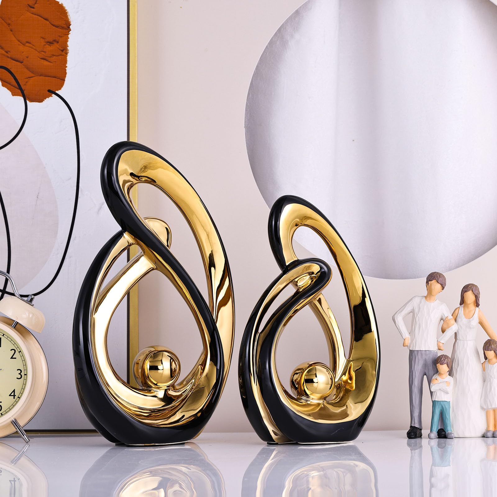 XMGZQ Nero e Oro Scultura Deco Set di 2,Ceramica Statua di Arte Astratta,Decorazione Soggiorno,Camera da Letto Deco,Appartamento Moderno Oggetti Decorativi Sculture