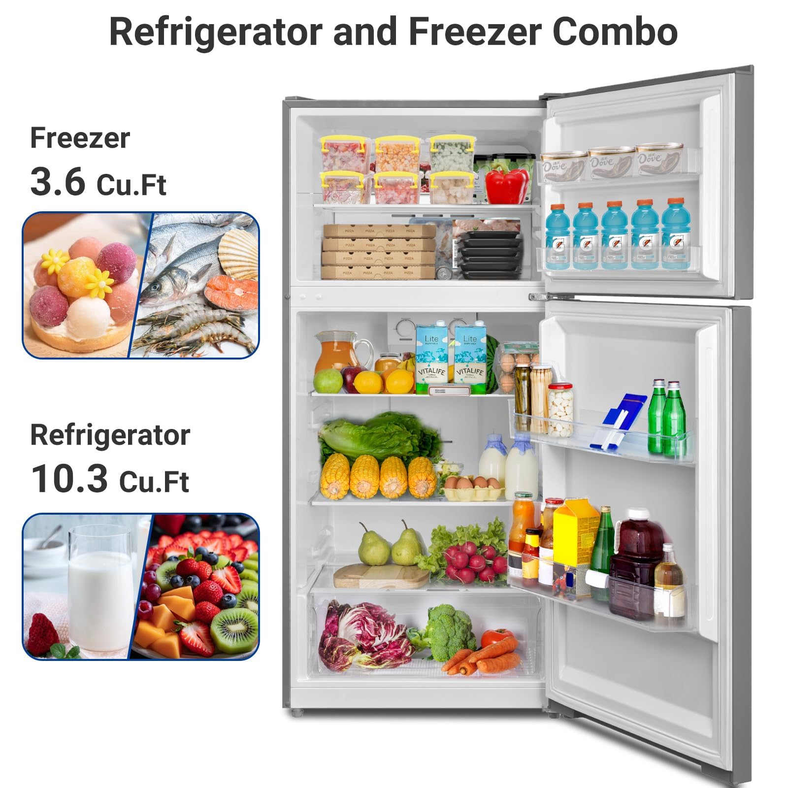 Techomey 13.9 Cu.Ft Top Freezer Refrigerator, Full Size Garage Ready Frost Free Fridge Freezer, 28" Standard Depth, Gallon Door Bins, LED Lighting, Stainless Steel on Fridge.com