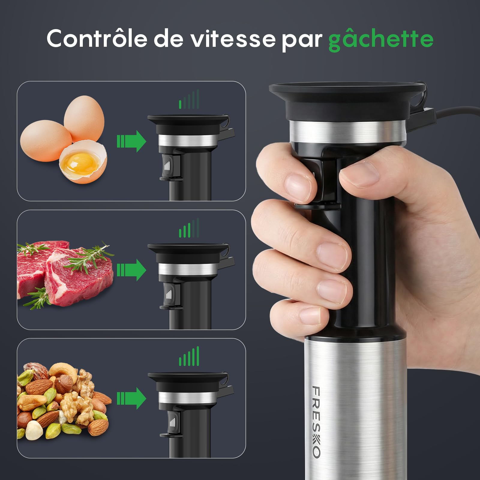 FRESKO Mixeur Plongeant 1000W, Vitesse Variable, Conception détachable | Pied Acier Inoxydable avec Protège-Casserole, pour Bébé, Soupes, Smoothies, Purées et Sauces, Noir
