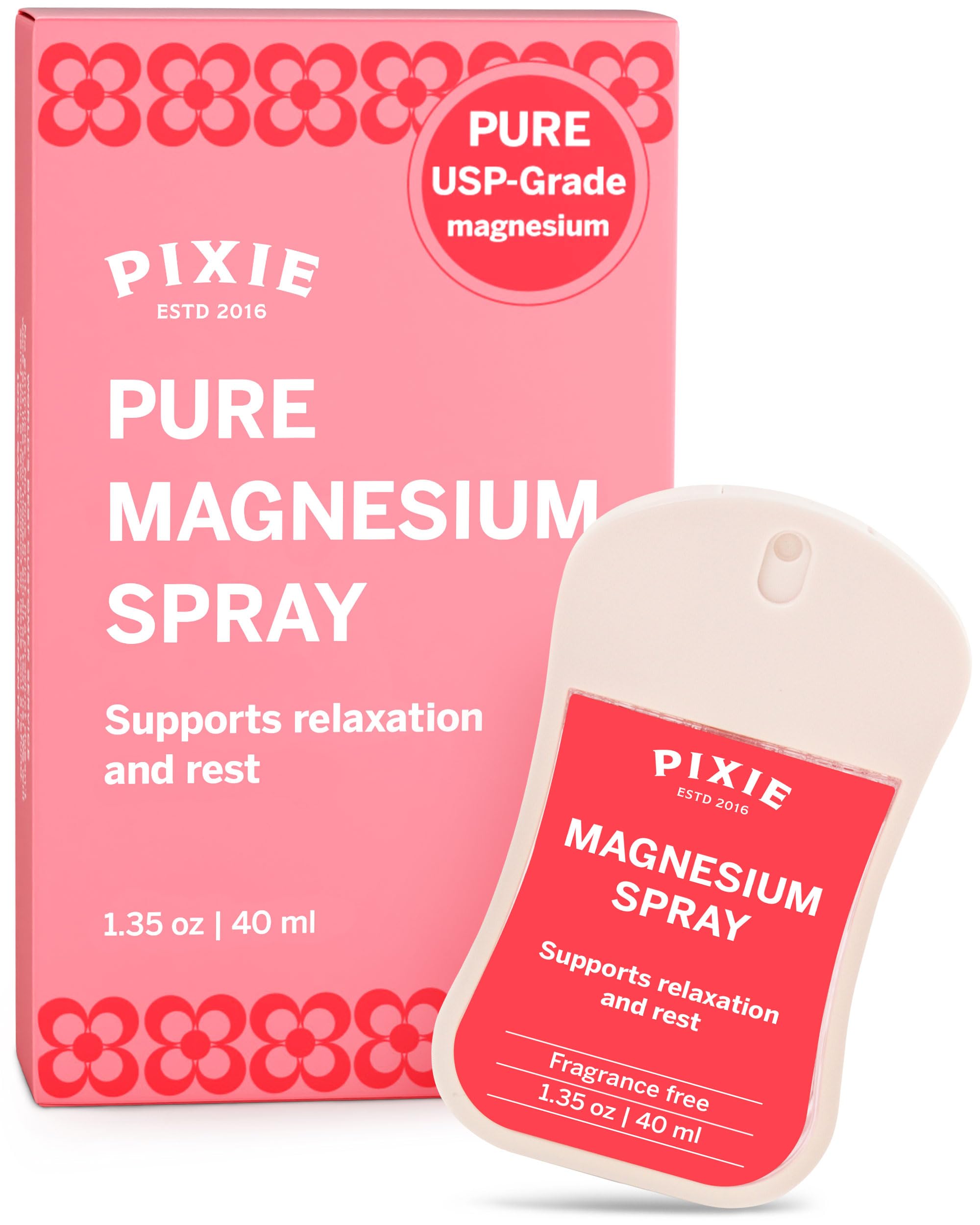 Pixie Spray de Magnesio Puro 40 ml – USP Grade – Alivio Tópico Rápido para Dolores, Sueño y Molestias Menstruales – Tamaño Viaje, No Tóxico