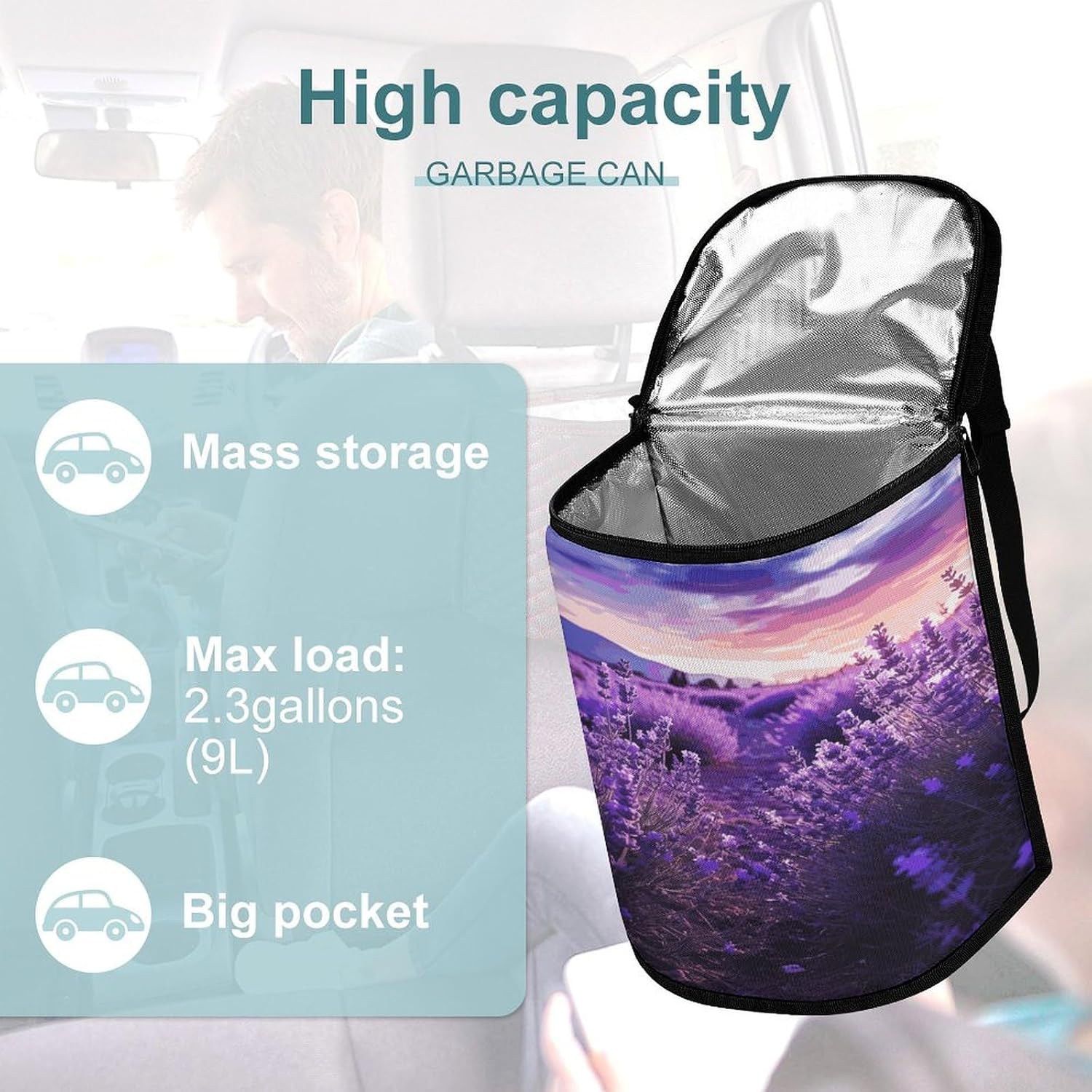 Purple Lavender Car Trash Bag Large Capacity Car Garbage Can with Lid Collapsible Portable Auto Trash Bin Hanging Auto Organizer Storage Bag for Travelling Outdoor
