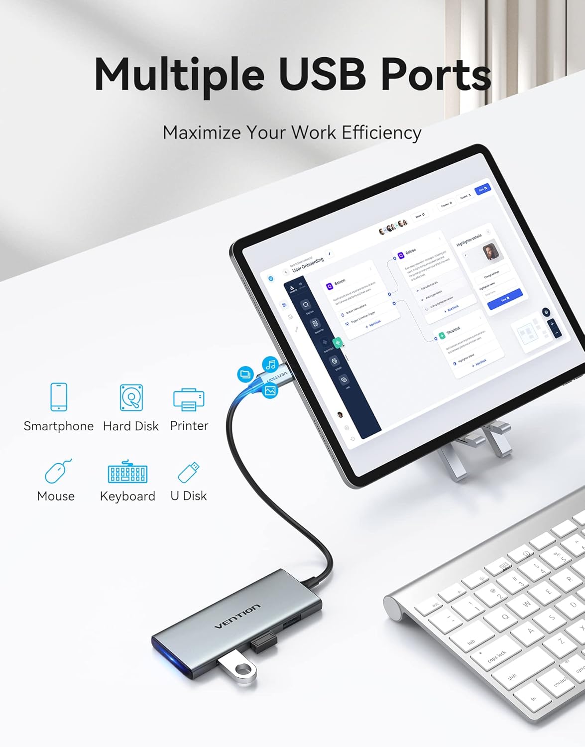 Una tauleta connectada al concentrador USB C VENTION, amb una unitat flaix USB i un teclat connectats, que il·lustra la connectivitat perifèrica ampliada.