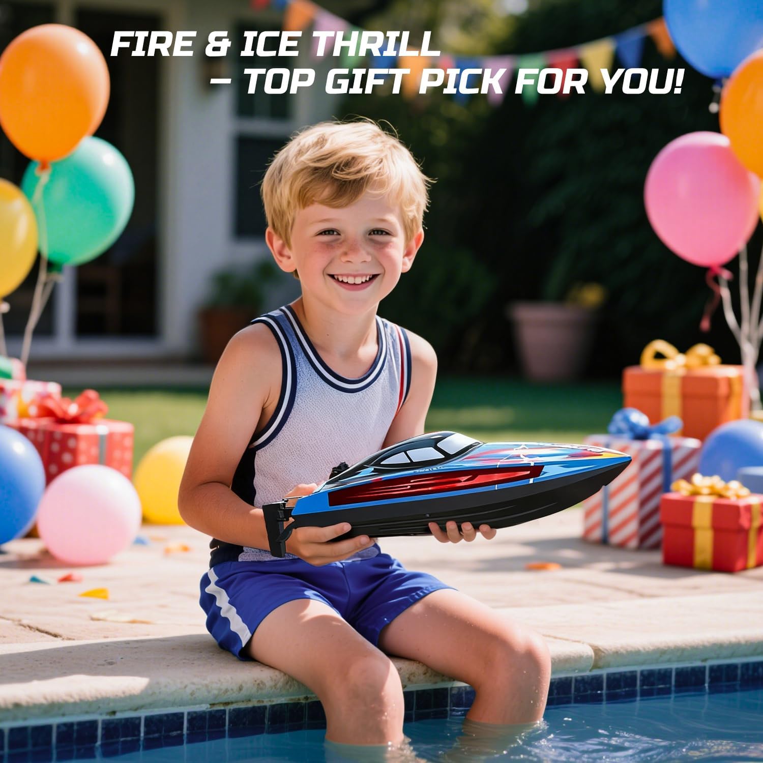 DEERC Fast RC Boat for Pool & Lake, 20+MPH, 40+ Mins, 7 LED Light Modes, Self Righting Remote Control Racing Speed Boat for Kids, 2.4Ghz Summer Water Toy Gift