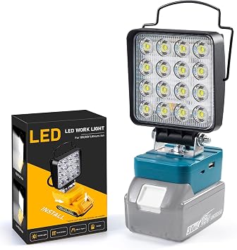 مصباح عمل LED لاسلكي بقوة 18 فولت كحد أقصى لبطاريات وأدوات ماكيتا - مصباح كشاف محمول يعمل بالبطارية بقوة 48 وات 4800 لومن مع حماية من الجهد المنخفض، ومصباح يدوي بمنفذ شحن USB من النوع C للإضاءة الخارجية