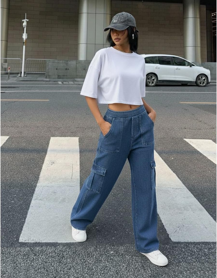 Women’s Pull-On Cargo Jeans - Mid Rise Wide Leg, Soft Stretch Denim, Comfort Fit with Pockets - Image 3