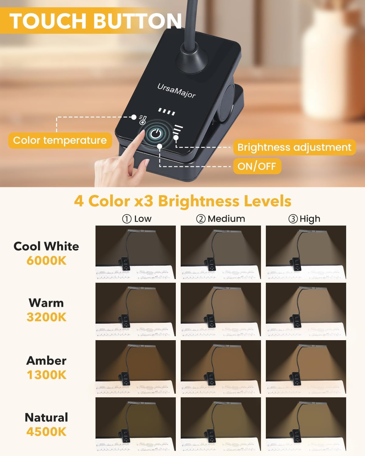 UrsaMajor 51 LED Music Stand Light, Folding Rechargeable Clip on Light, Portable Professional Piano Lamp, 4 Color& 3 Brightness Book Light, Perfect for Musician, Artist, Reading, Crafts