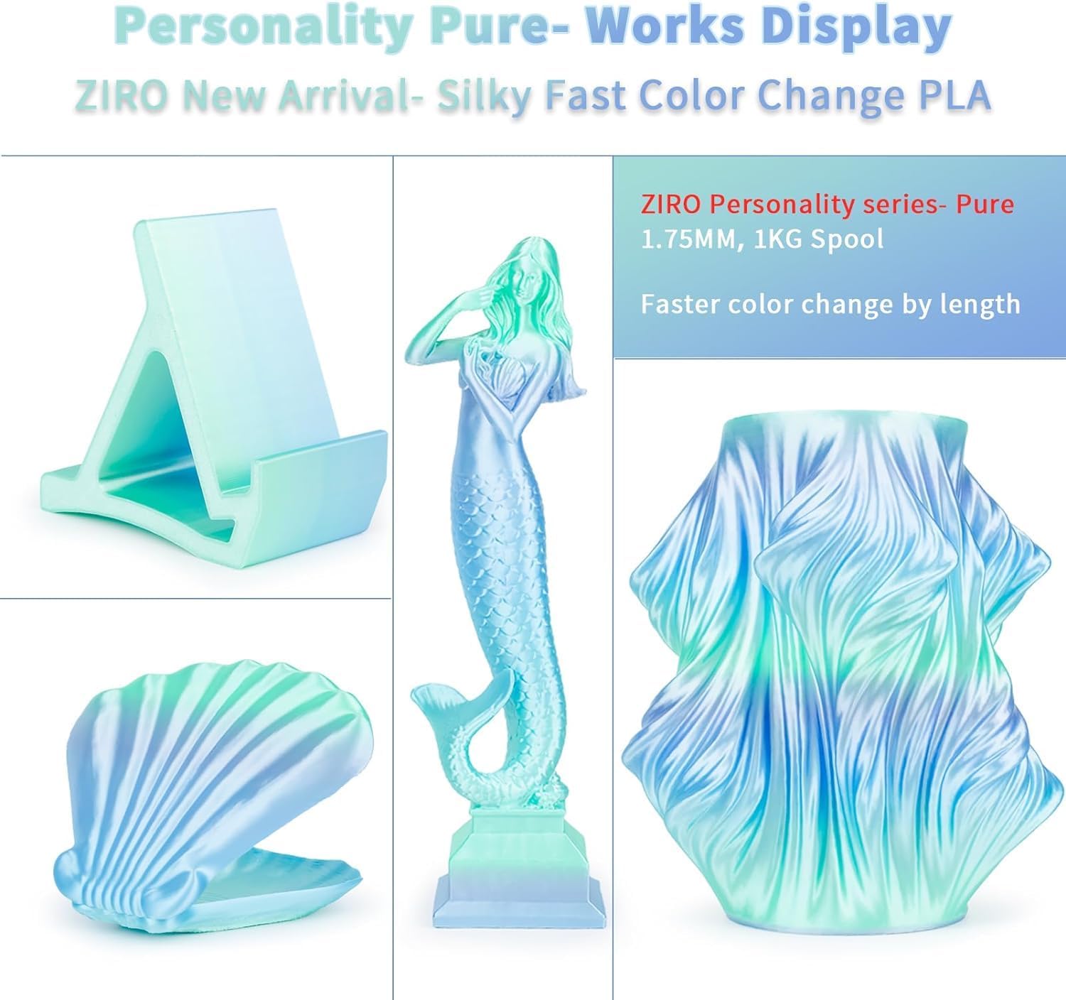 ZIRO Silk Fast Color Changing PLA Filament, Shine Multi Colors Filament 1.75mm, Dimensional Accuracy +/-0.03mm, Fit Most 3D Printers, Personality Pure, 1KG Spool