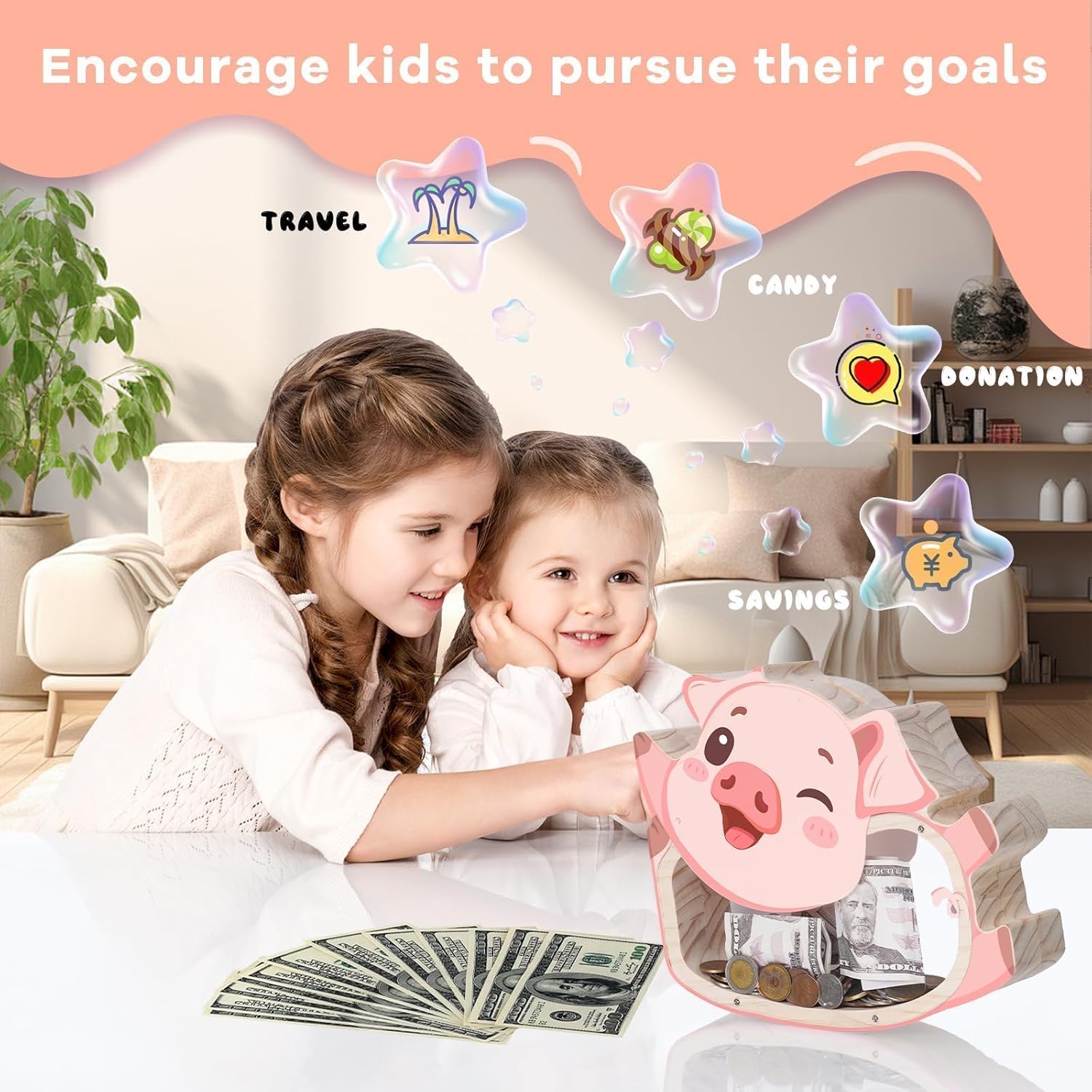 Wooden Piggy Bank for Kids, Unbreakable Pig Bank with Sticker, Large Toddler Piggy Bank for Girls & Boys, Easter Birthday Gifts for Kids, Educational Toys Room Decor