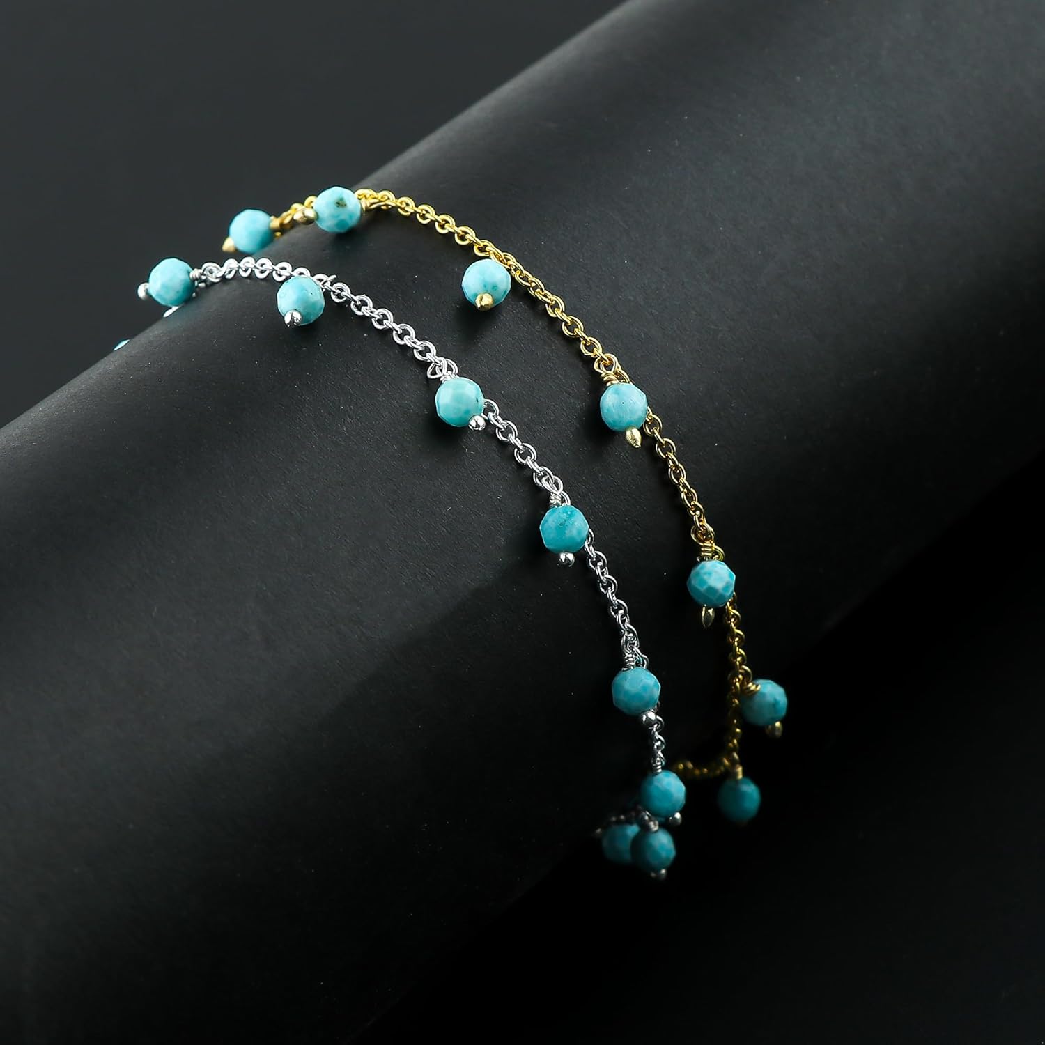 JOR Natural Larimar Beaded Rosary Anklet, Handmade Craft, Anklet Beads Bracelet, Chakra Healing, Gemstone Women Jewelry, Dainty Gold and Silver Plated Combo Anklet 9 inch + 1.5 inch (2pcs) - Image 3