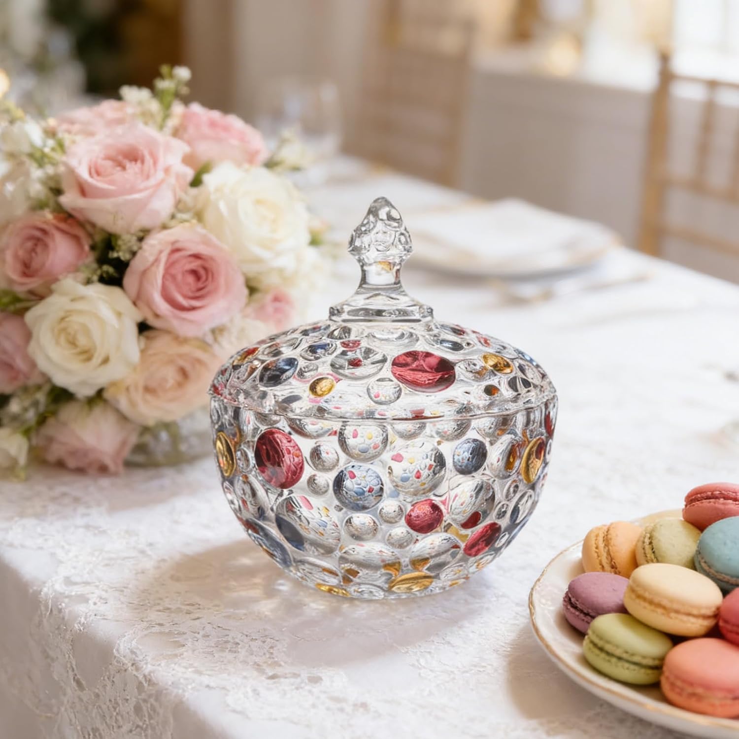 Colorful Glass Cookie Jar, Elegant Crystal Candy Dish with Lid, Vintage Decorative Nut Fruit Bowl Plate, Buffet Jar Biscuit Containers, Large