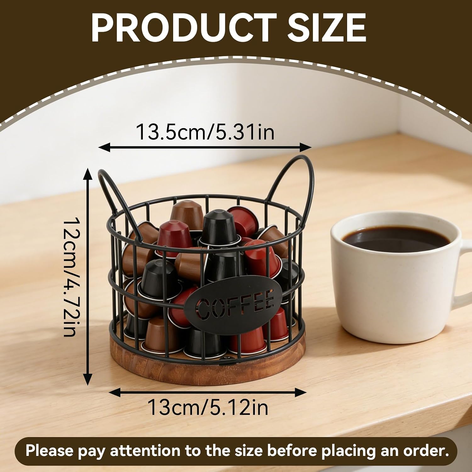 Coffee Pod Holder, Round Coffee Basket with Wooden Base and Handle Large Capacity Black Wire Basket for Kitchen Counter Office