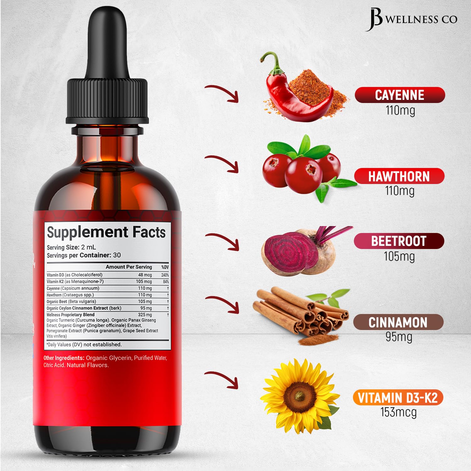 Cayenne Pepper Supplement Liquid Drops + Hawthorn Berry, Vitamin D3 K2 Beet Root Powder, Ceylon Cinnamon, Turmeric Curcumin, Organic Panax Ginseng - 4oz — Amazon image 5