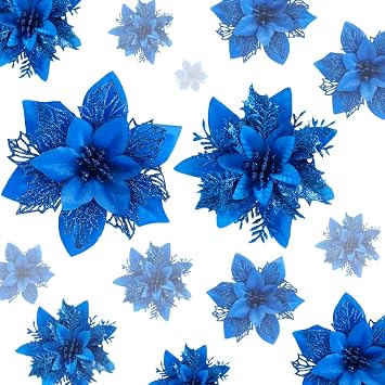 Christmas Poinsettia Silver Flowers 24 Pack Glitter Silk Flowers for Christmas Tree Ornaments Xmas Wreaths Garland Winter Holiday Decorations Dark Blue