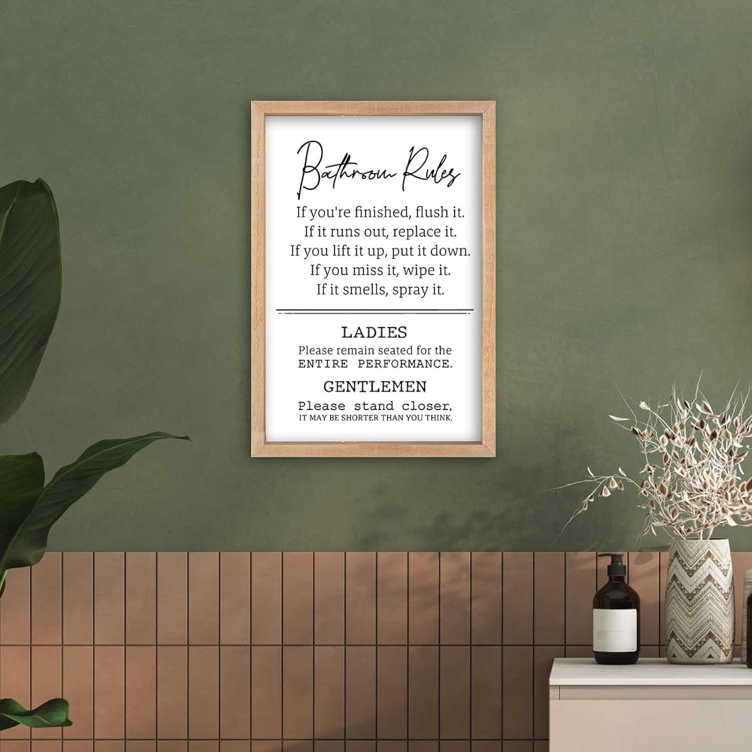Bathroom Rules Wall Decor 16"×11" Restroom Toile Sign Humor Quotes for Bathroom Humorous Modren Restroom Wood Framed Wall Hanging Art (Wood）