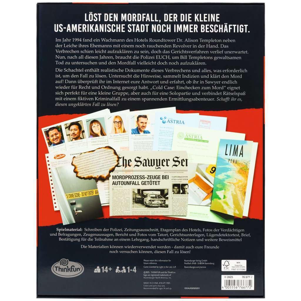 ThinkFun Cold Case: Einchecken zum Mord - Kombinationsspiel ab 14 Jahre: Ein Krimi-Rätsel für 1 Person oder in der Gruppe!