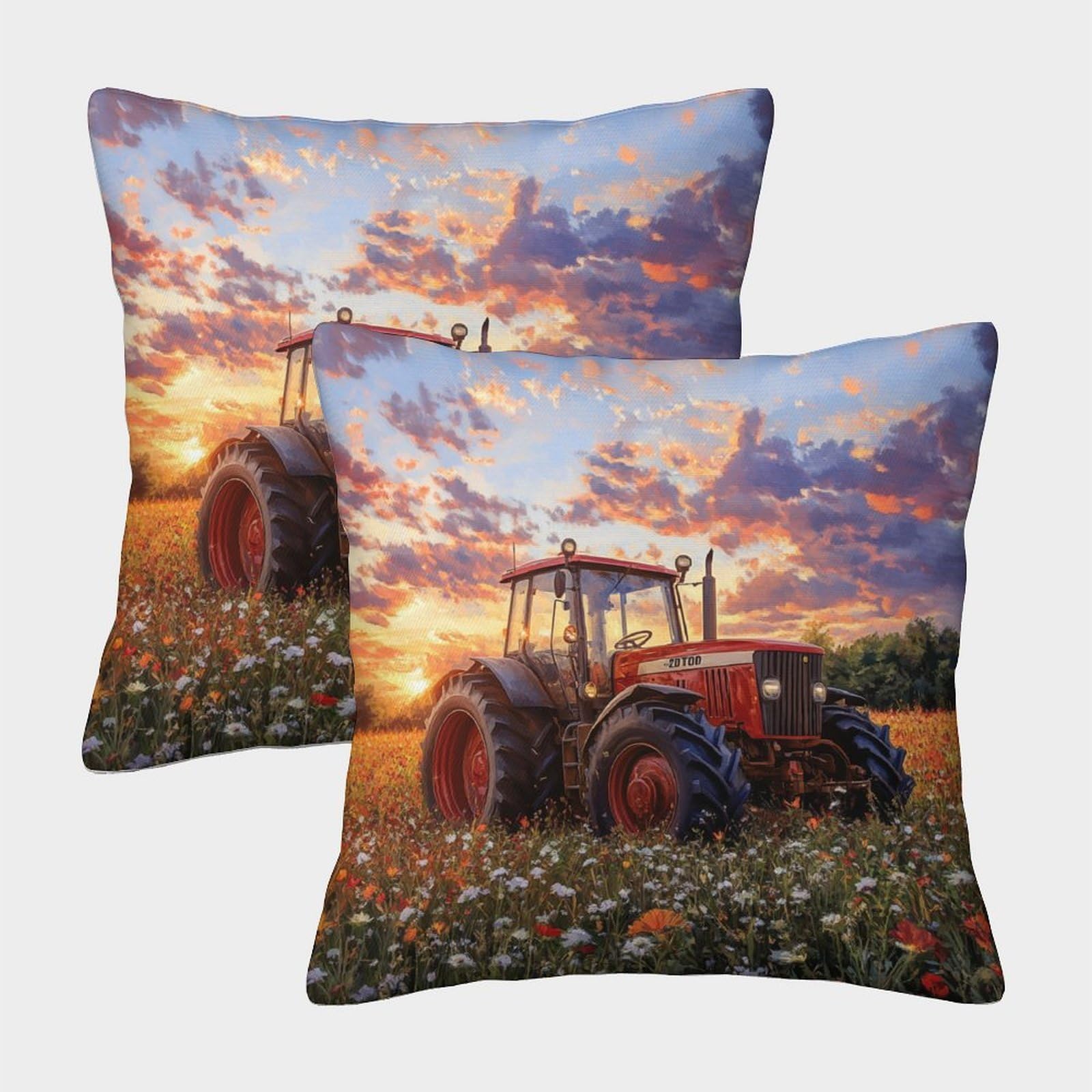 kaiyun 2 Pack Tractor in The Field 3D Image Sunset Beautiful Landscape Printed Single-sided Cushion Cover 50x50cm