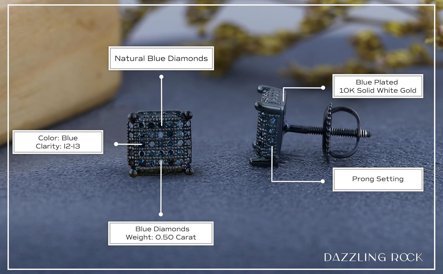 Dazzlingrock Collection 0.50 Ctw Natural Round Diamond 7.4mm Hip Hop Iced Out Studs in Black & Blue Plated Solid White Gold, Unisex Design Ladies,Mens Real Diamond Earrings