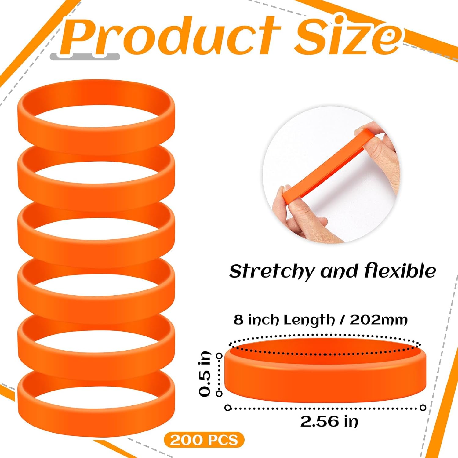 Liliful 200 Piece Rubber Bracelets Bulk, Solid Color Silicone Wristbands Blank Rubber Bracelets Elastic Silicone Wristband for Women Men, Events, Party Decor(8 x 0.5 Inch,Orange) - Image 3