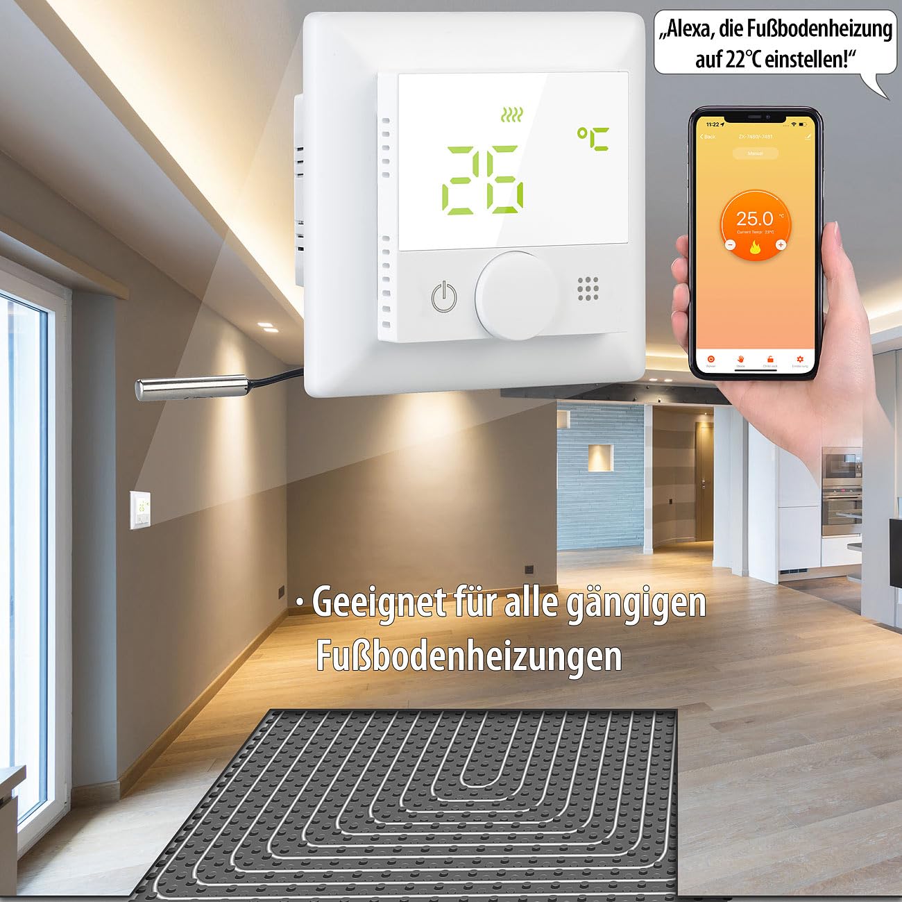 Thermostat connecté pour chauffage au sol avec capteur externe, blanc [revolt]