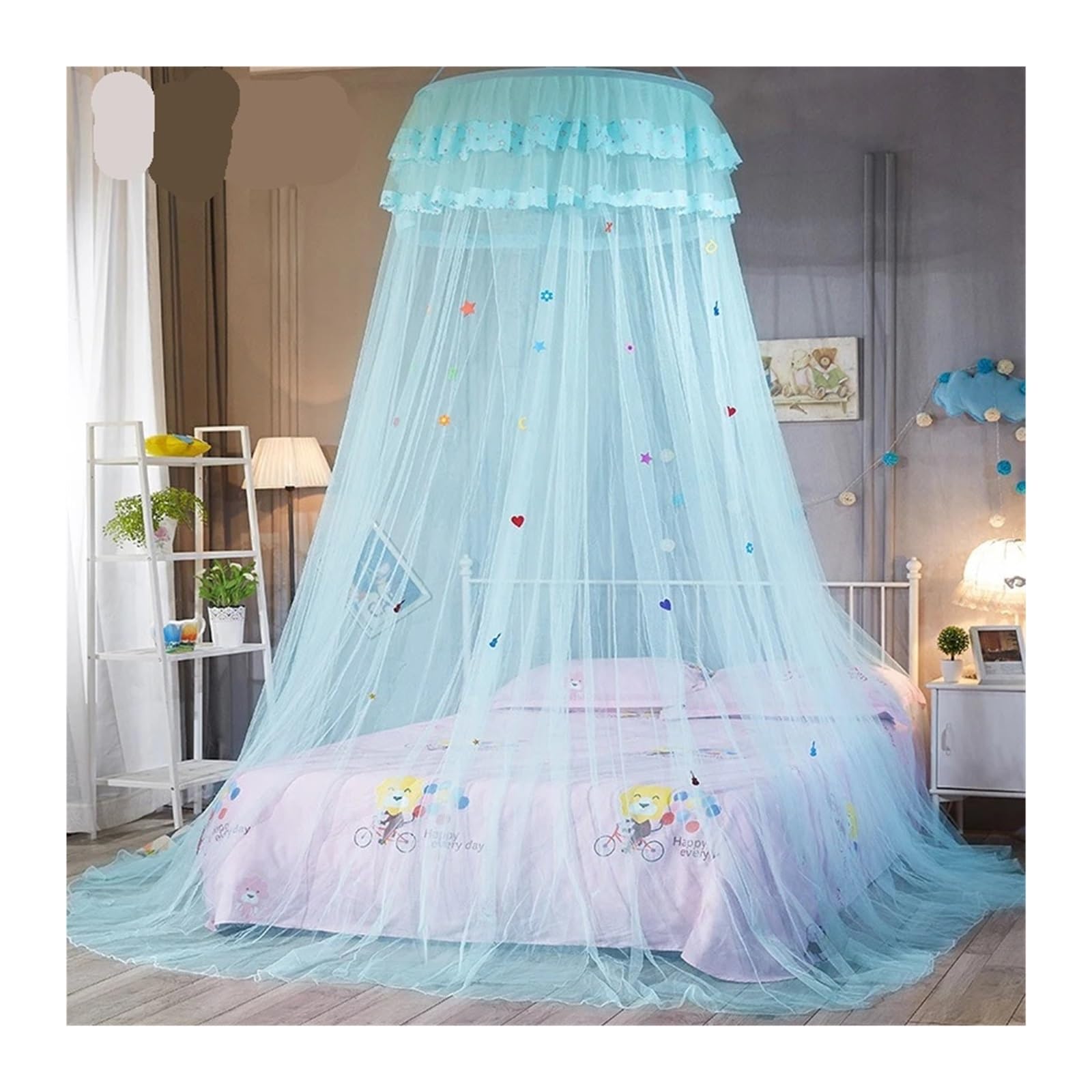 KiddiBubzi 1.5m Cartoon Dome Hanging Bed Canopy Encryption Heightened Ceiling Lace Lace Princess Dome Floor Bed Canopy(1.5m Blue 4PCS)