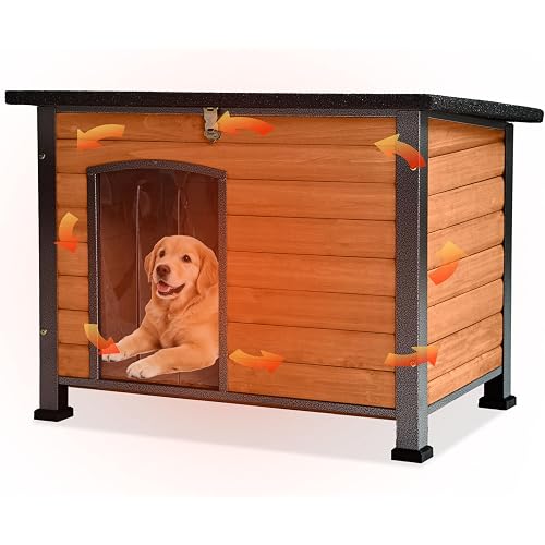 GUTINNEEN Large Outdoor Insulated Dog House Weatherproof Dog Kennel Indestructible Dog Shelter with Chew-Proof Full Metal Frame, Openable Roof for Small to Large Dog Breeds (33.5"L x 22"W x 25.2"H)