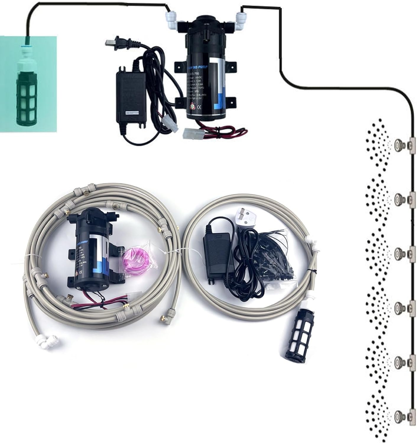 Misting System with Brass Fog Nozzles & Pump, Outdoor Mister System for Outside Patio, Garden Irrigation System Kit for Garden, Greenhouse, Parasol (Size : 17M(55.7ft)+25 nozzles)