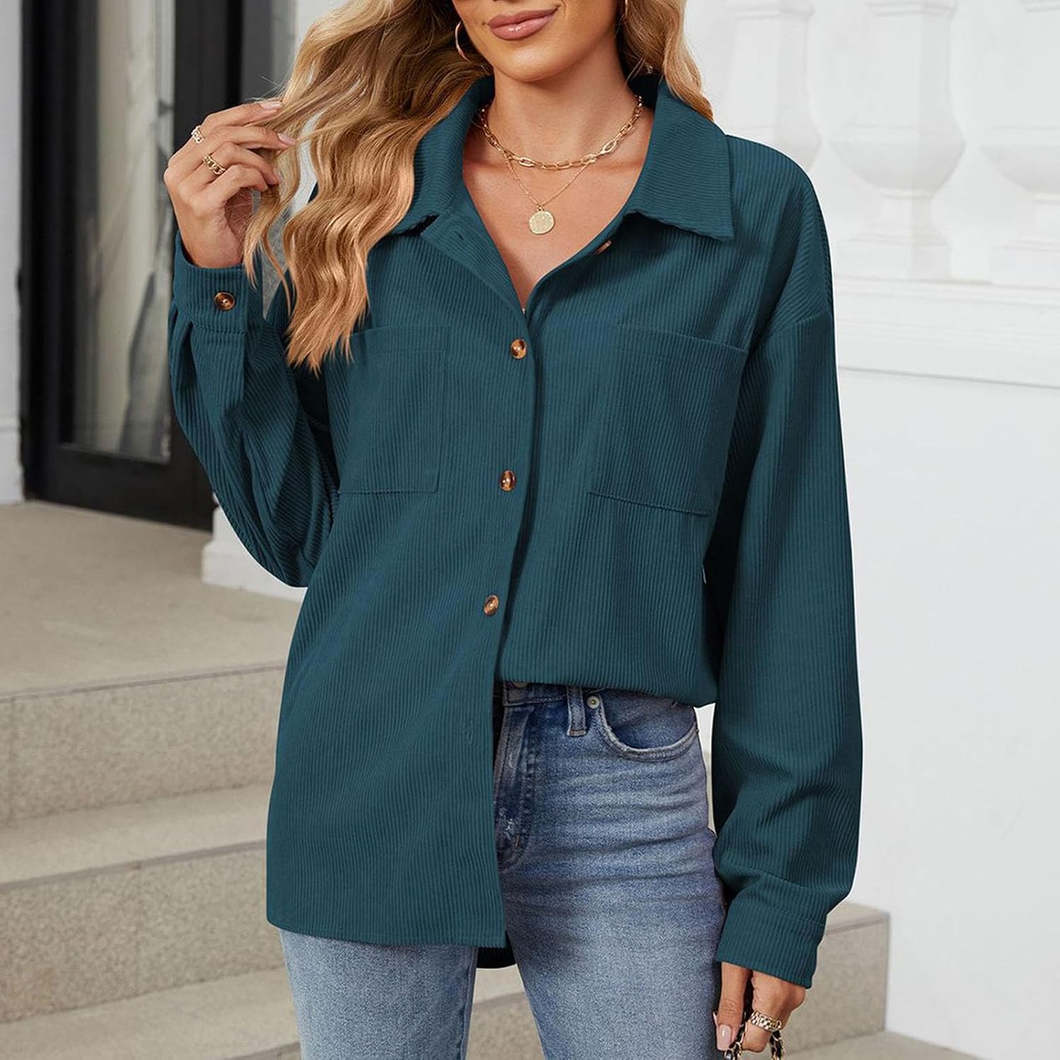 HGps8w Corduroy Button Down Shirts for Women Casual Lapel Button Down Long Sleeve Loose Tunic Tops Blouse with Pockets