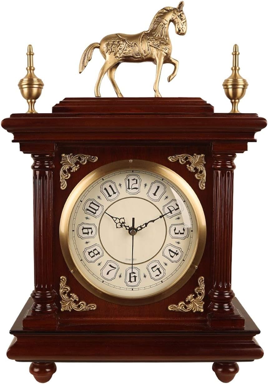Clock Retro Desk Clock with Brass Decoration, Arabic Numerals Mantel Clock, Tabletop Clock with Sweeping Seconds Movement, 19.8 Inches Bracket Clock