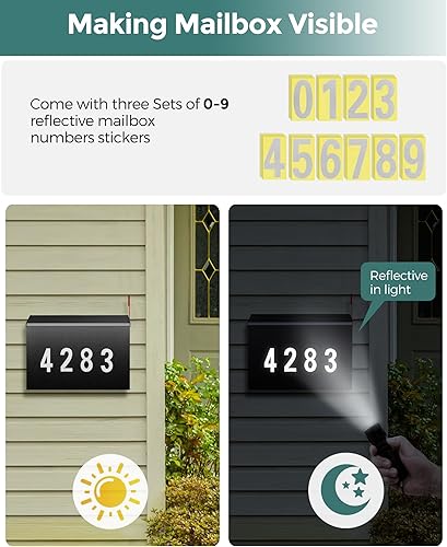 Miniatura 57 de LAND·VOI Buzón de pared con un kit de bandera y tres juegos de calcomanías de números de buzón de 0 a 9, buzones para exterior, buzón de metal Negro