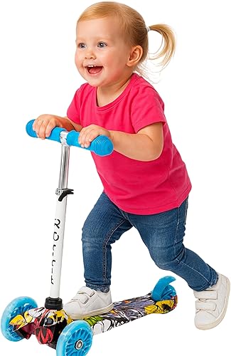 ROFFT Patinete para niños de 3 a 5 años, scooter para niños de 2 años en adelante con LED de 3 ruedas, altura ajustable, barra en T de aluminio