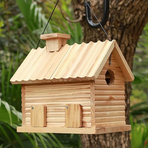 Miniatura 5 de STARSWR Casa de pájaros en el exterior, casas para pájaros al aire libre, cabaña de madera natural para pájaros, 2 agujeros, pinzón azul,