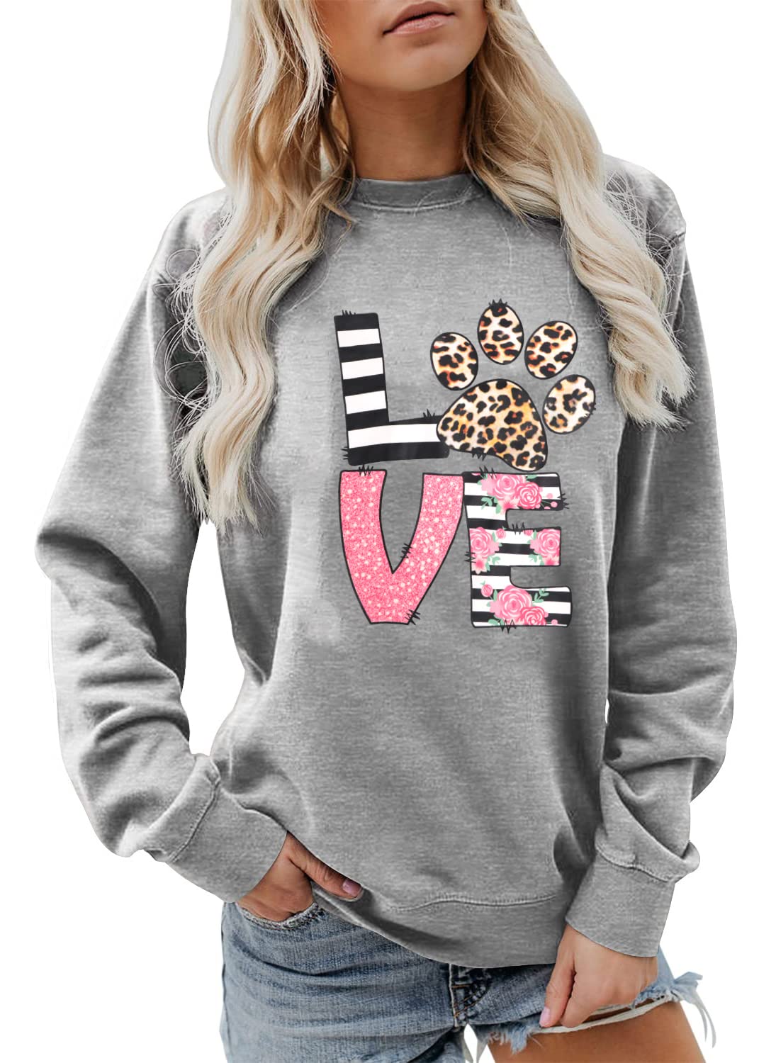 Sunflower Graphic Sweatshirt Women Dog Paw Print Love Funny Long Sleeve Tee Top Pullover
