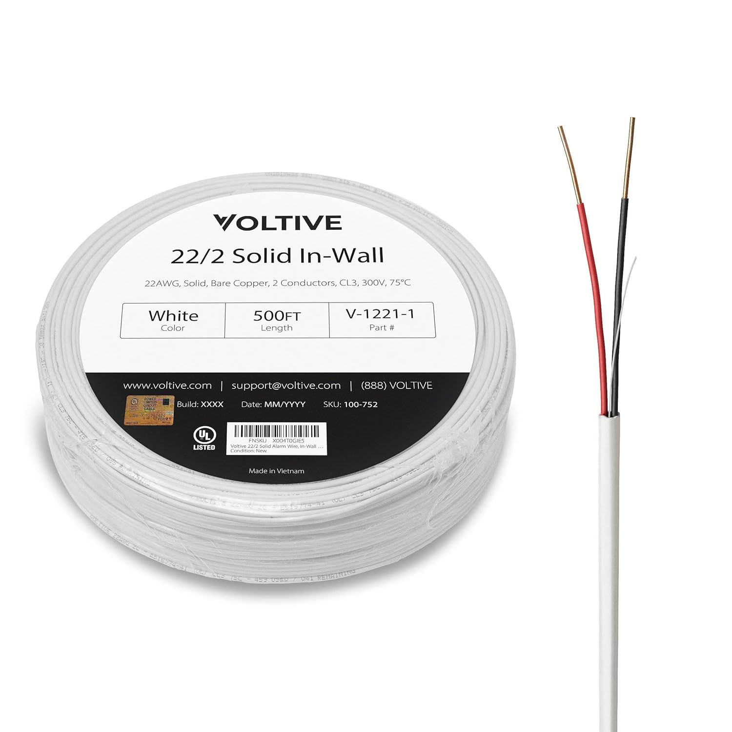 Voltive 22/2 Solid Alarm Wire, in-Wall CL3, Black, 500ft - 22AWG, 2 Conductors, Solid Bare Copper, UL Listed - V-1221-2
