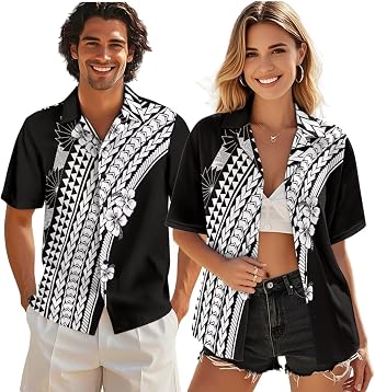 Polynesian Tribal Couples Clothes Matching Outfits Tattoo Tapa Hawaii Shirt Puletasi Samoa Shirt for Women Men