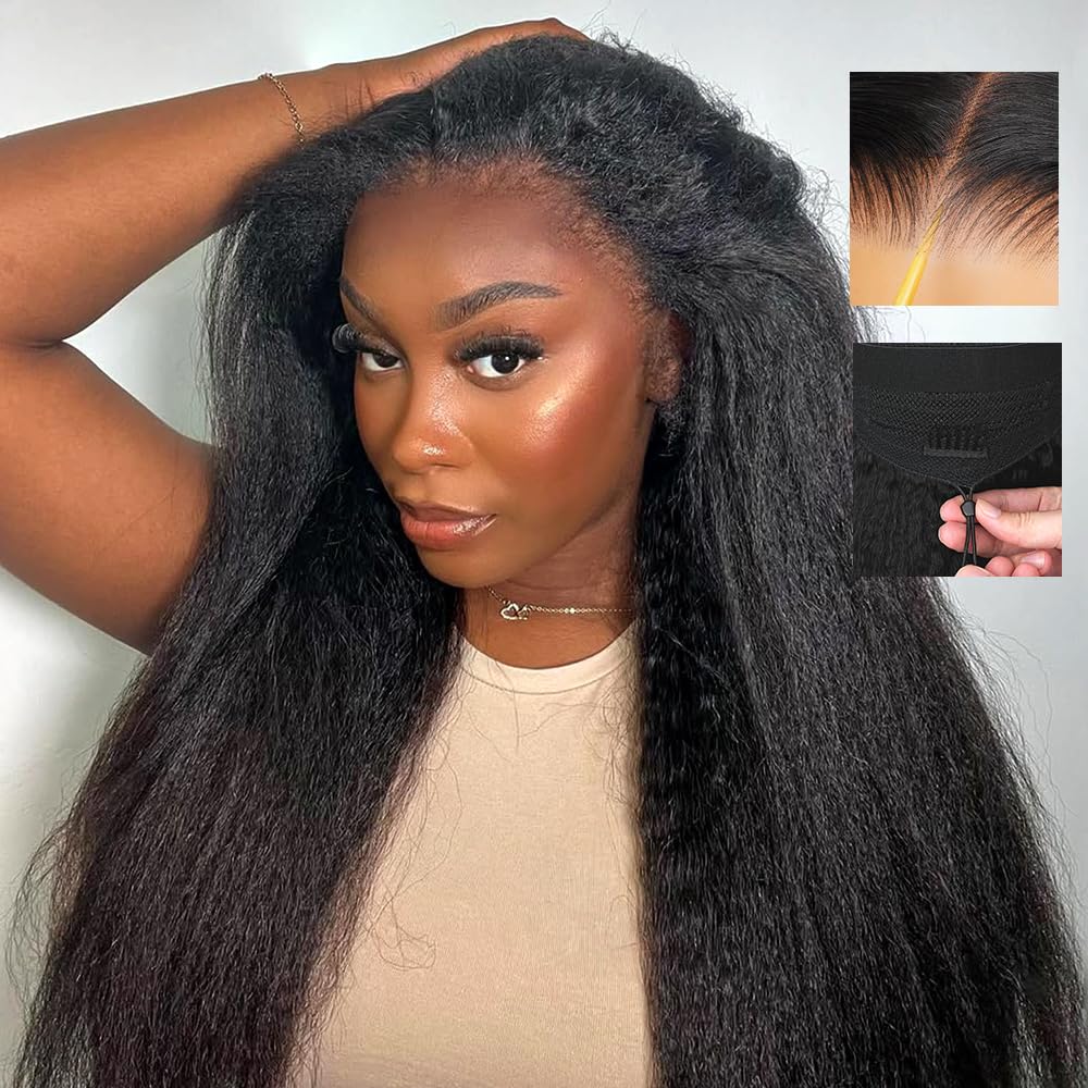 7x6 Glueless Wigs Human Hair Pre Plucked Pre Cut 250% Density Kinky Straight Lace Front Wigs With Drawstring Parting Max HD Lace Closure Wigs Human Hair for Women Natural Black 20 Inch