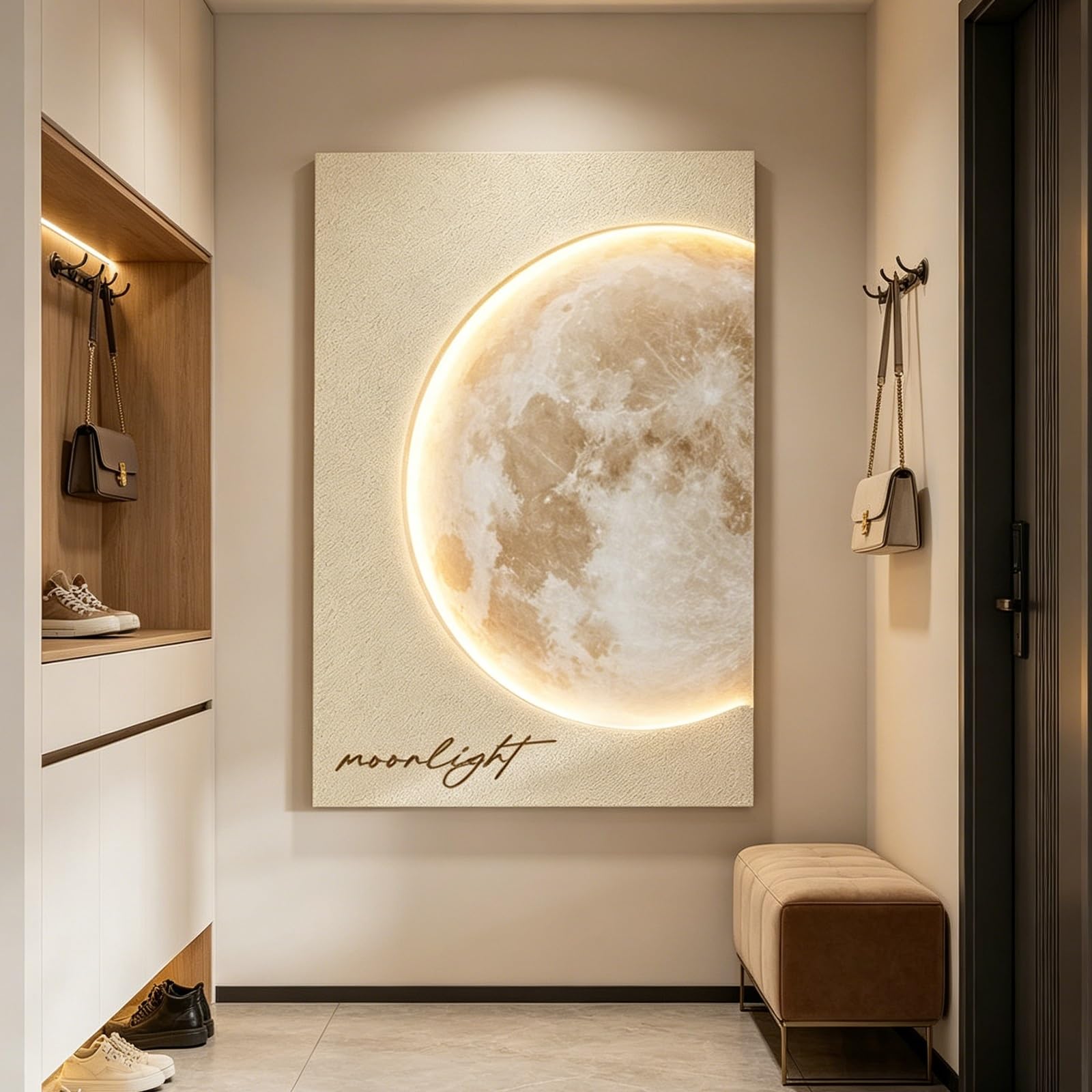 SYXHJTFZ Modern Elegant Moon Sandstone Wall Art Borderless Decor, Large Celestial Lunar Prints Warm Plug-in LED Light Remote Control for Living Room Apartment Indoor Space(E,70 * 100cm/27.6 * 39.4in)