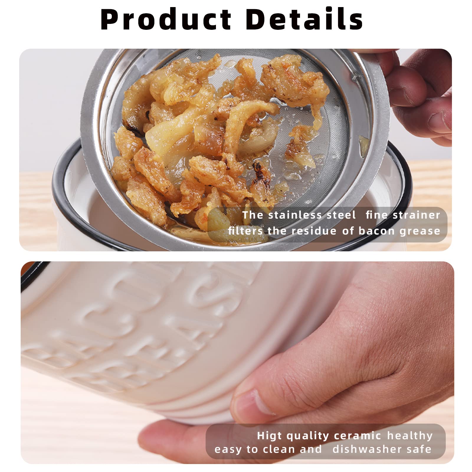 Contenedor de grasa de tocino de cerámica con colador, lata de almacenamiento de aceite para freír blanco