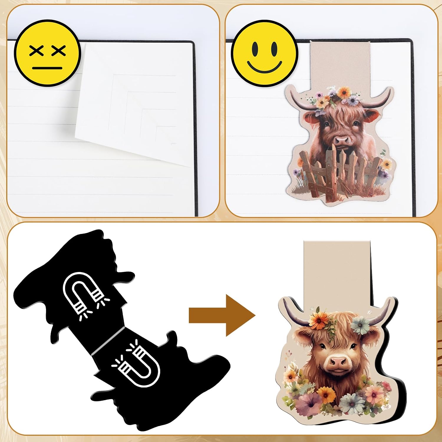 Highland Cow Magnetic Bookmark - 6 Pcs Funny Animal Book Mark Magnets Cute Cow Bookmarks Magnetic Floral Magnets Bookmark Page Clip Gift for Book Lovers Students Teacher Reading Book Marks image 4