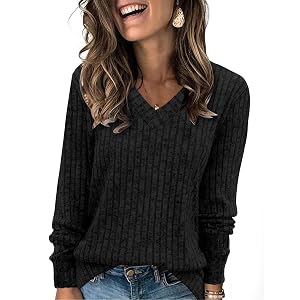 FlekmanArt Sweaters for Womens Winter Long Sleeve V Neck Shirts Casual Loose Fall Fashion Pullover Clothes Solid Blouses