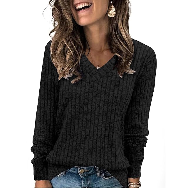 FlekmanArt Sweaters for Womens Winter Long Sleeve V Neck Shirts Casual Loose Fall Fashion Pullover Clothes Solid Blouses