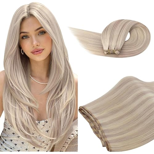 Ugeat Weft Hair Extensions Human Hair 24 Inch, Sew in Weft Hair Extensions Human Hair 100g, Hair Weft Extensions Ash Blonde Highlights Bleach Blonde, Easy Wash