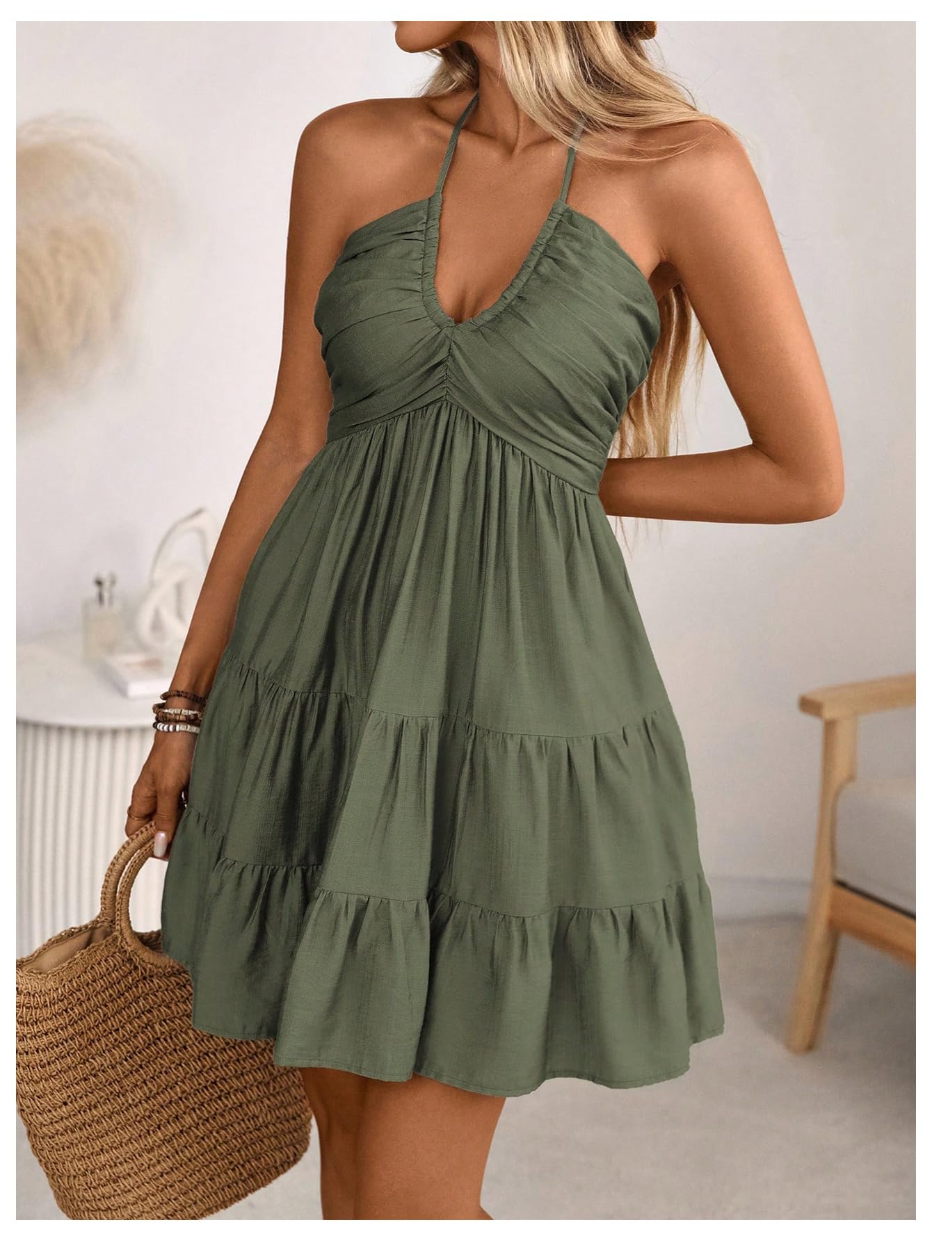 SOLY HUX Women's Summer Mini Dress Halter Backless Sleeveless A Line Ruffle Hem Flowy Cami Dresses Sundress: Small Pure Army Green