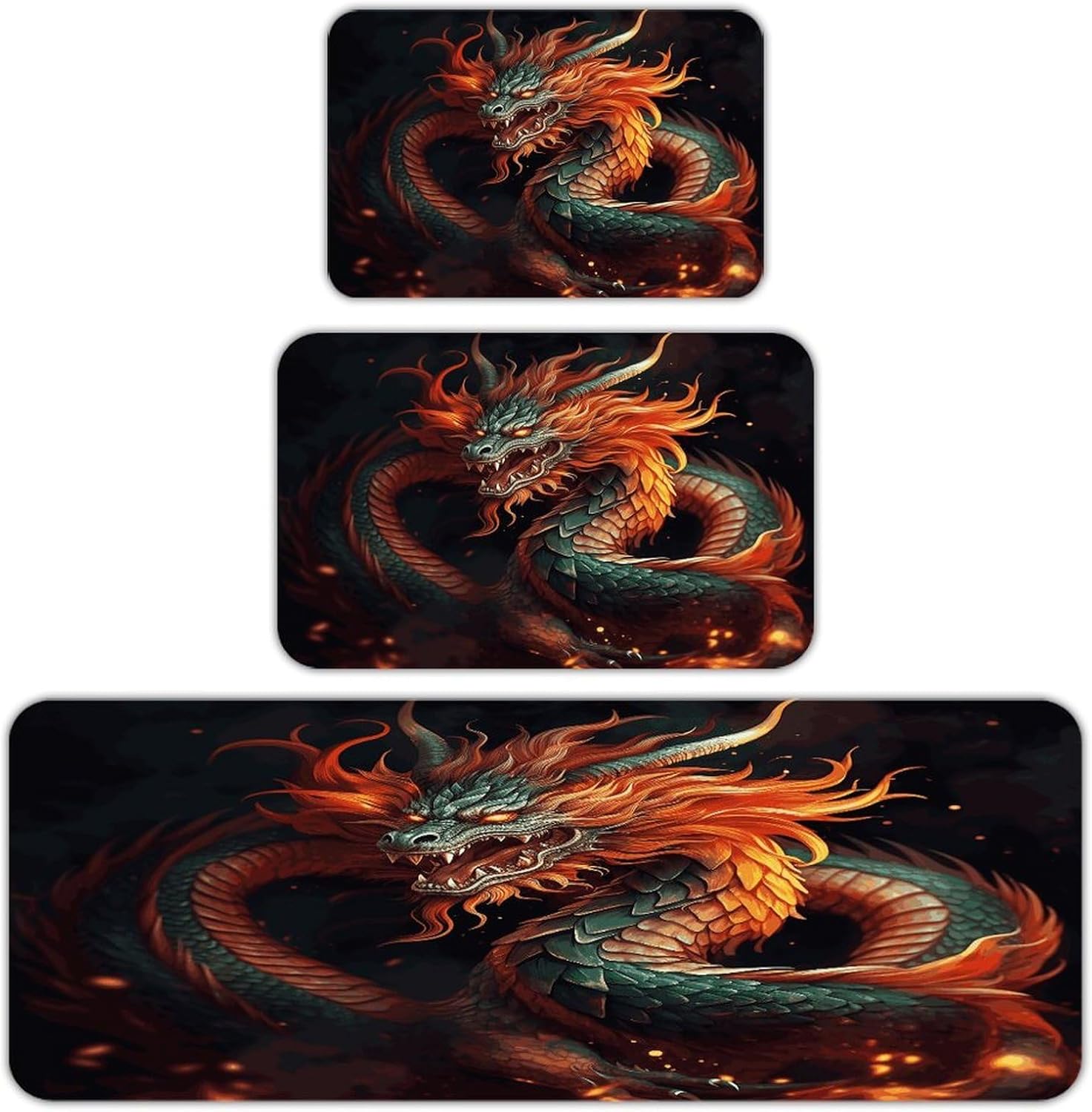Chinese Dragon Kitchen Mats Soft Absorbent Rugs for Floor Non Slip Washable Kitchen Mats Fashion Rectangular Rugs for Three-Piece Set for Laundry Office Home Sink