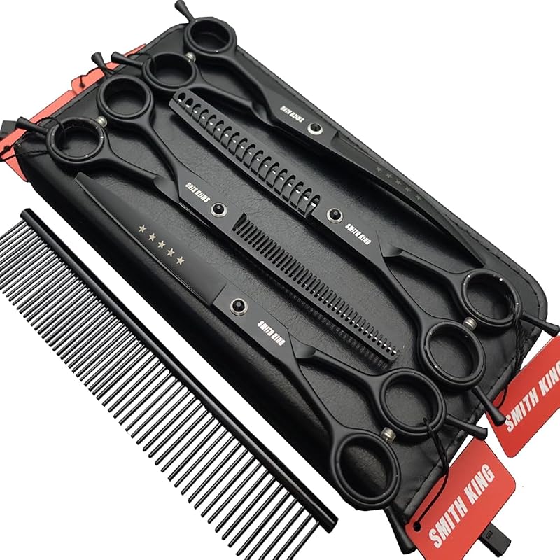 Kit de Tesouras para Tosa de Cães e Gatos Smithking 7" com Lâminas Reta, Desbaste, Curva e Chunkers, Pente, 4 Peças para Canhotos