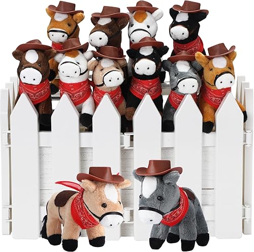 42 piezas de mini animales de peluche de 4 pulgadas con pequeños sombreros de vaquero y bandana, manualidades para casa de muñecas para el año de
