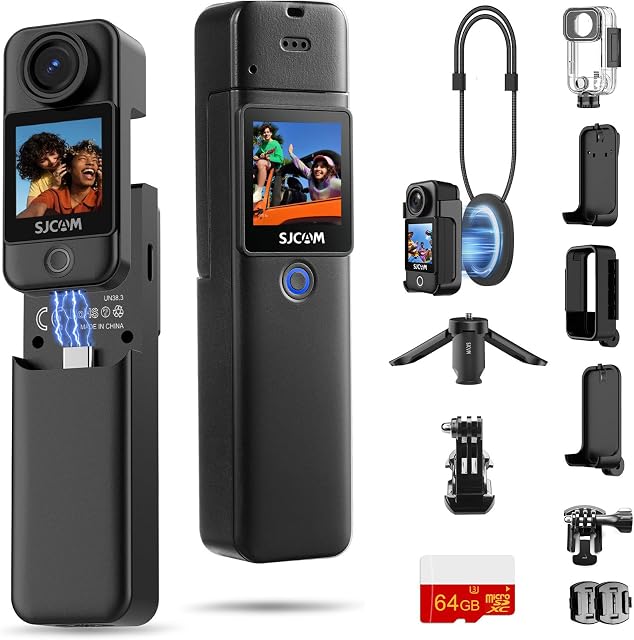 SJCAM C300 Vlogging Camera,64GB 4K Pocket Action Camera,7Hour Power,6-Axis Stabilization,Dual-Touch Screen Body Cam, Handheld Travel Camcorders, Waterproof, Live Streaming, Accessories,Black