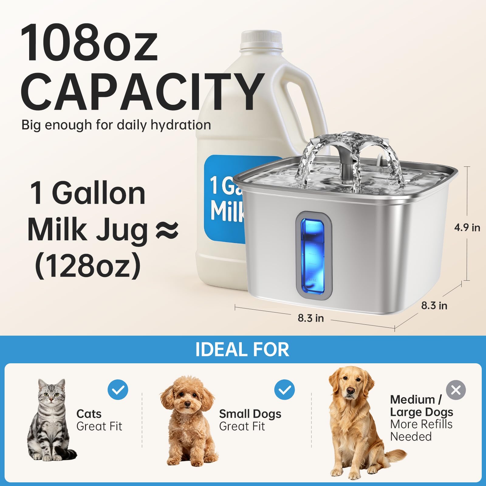 Veken Innovation Award Winner Stainless Steel Cat Water Fountain, 108oz, C1 view 5
