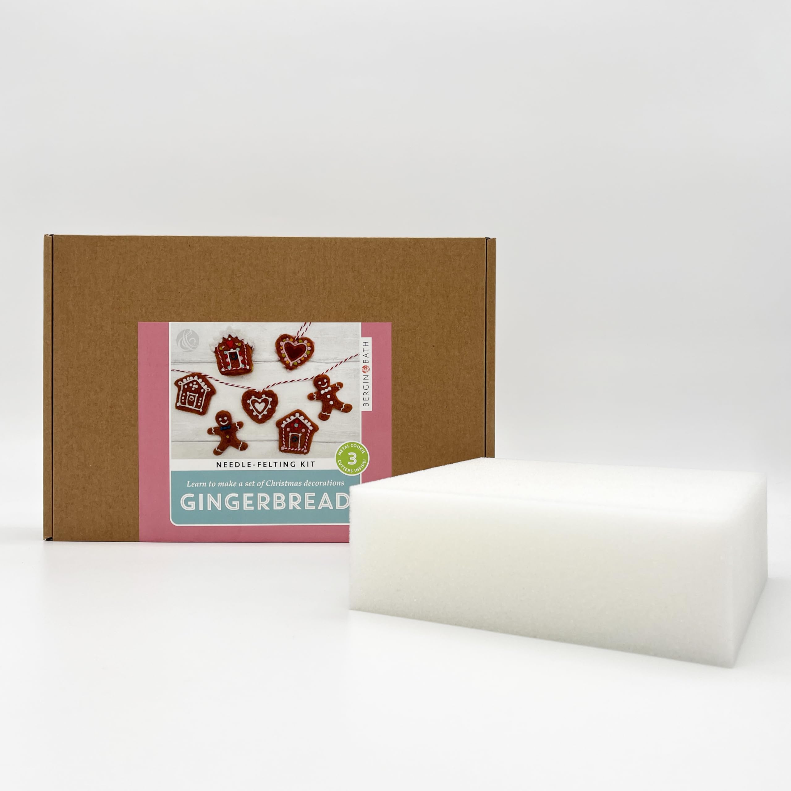 Bergin & Bath Needle Felting kit, Gingerbread. with Three Cookie Cutters (for Shaping) Inside! Make Sweet Christmas Decorations from Wool. Adult and Teens Festive Craft kit (with Felting Mat)